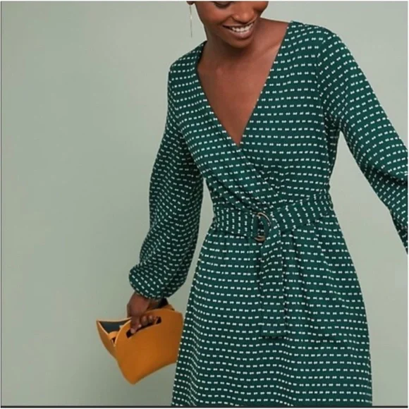 Maeve by Anthropologie ~ Malta green V-neck Lined Long Sleeve Dress | Sz Medium - Picture 7 of 12